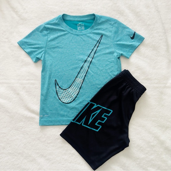 Nike Other - Nike Boys Activewear Set DriFit Teal Swoosh Shirt and Black Athletic Shorts 7